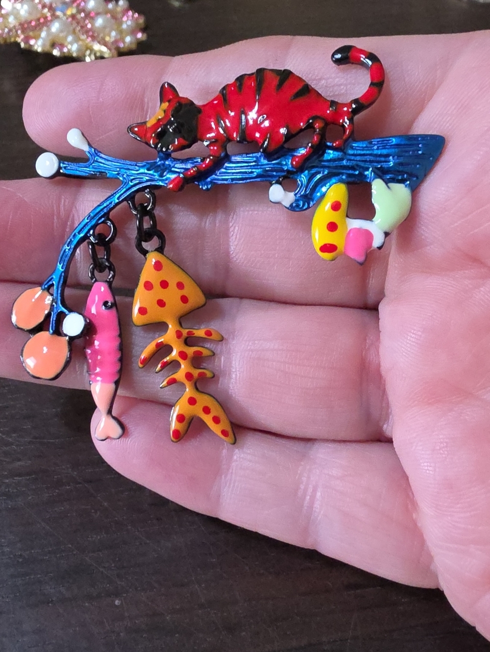 A148- Whimsical Red Cat Brooch with Colorful Charms